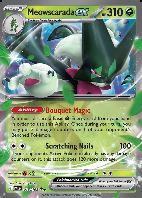 Meowscarada 015/193, Paldea Evolved English Print with "Play! Pokémon" stamp, card art reference