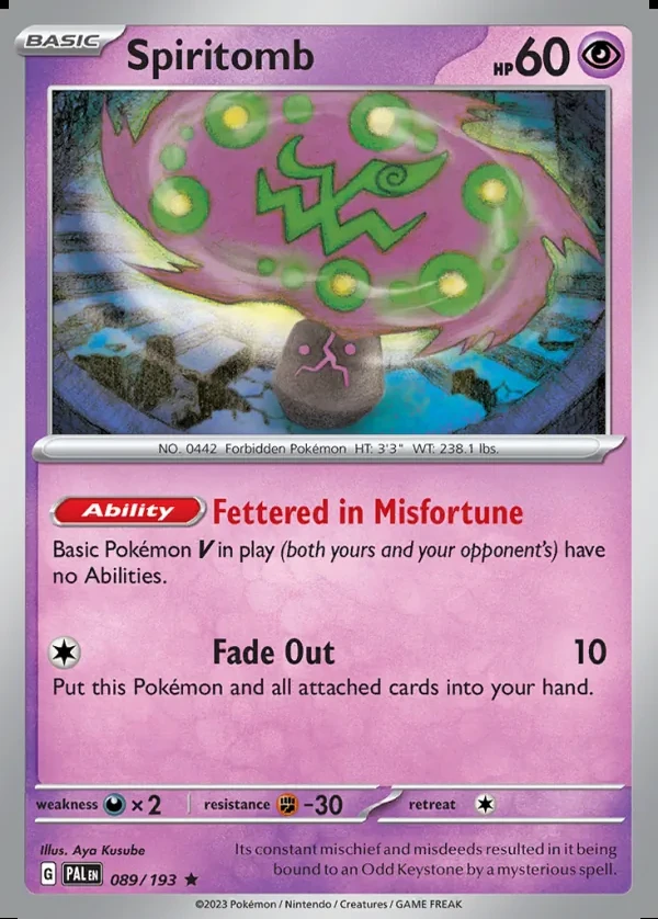 Spiritomb 089/193, Paldea Evolved English Print with "Play! Pokémon" stamp, card art reference