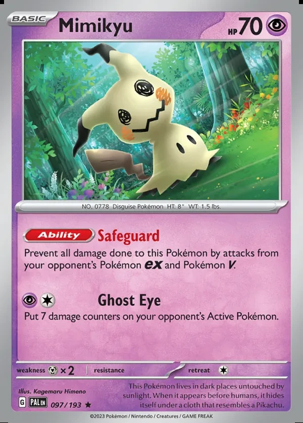 Mimikyu 097/193, Paldea Evolved English Print with "Play! Pokémon" stamp, card art reference