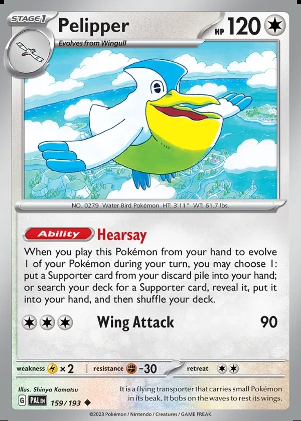 Pelipper 159/193, Paldea Evolved English Print with "Play! Pokémon" stamp, card art reference