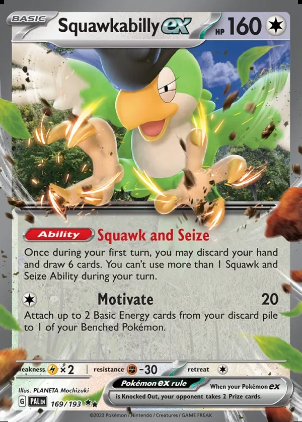 Squawkabilly 169/193, Paldea Evolved English Print with "Play! Pokémon" stamp, card art reference