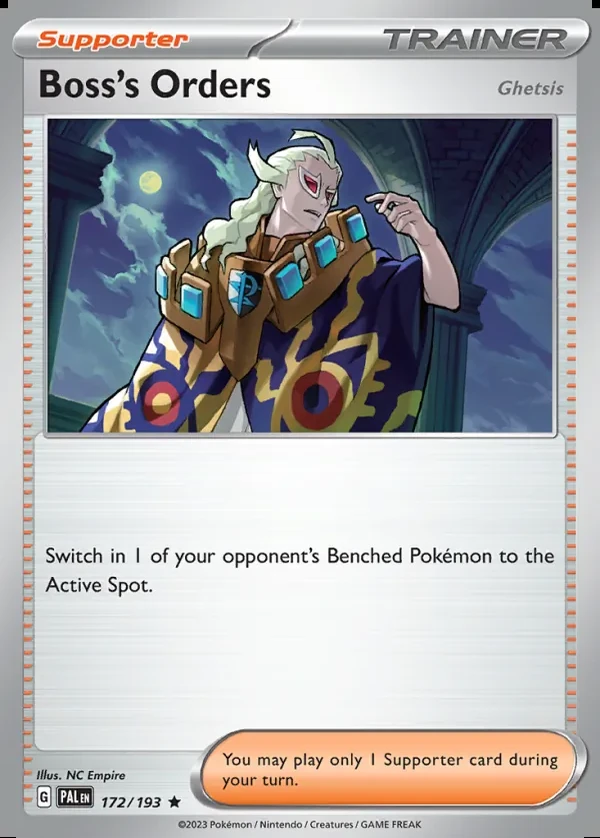 Boss's Orders 172/193, Paldea Evolved English Print with "Play! Pokémon" stamp, card art reference