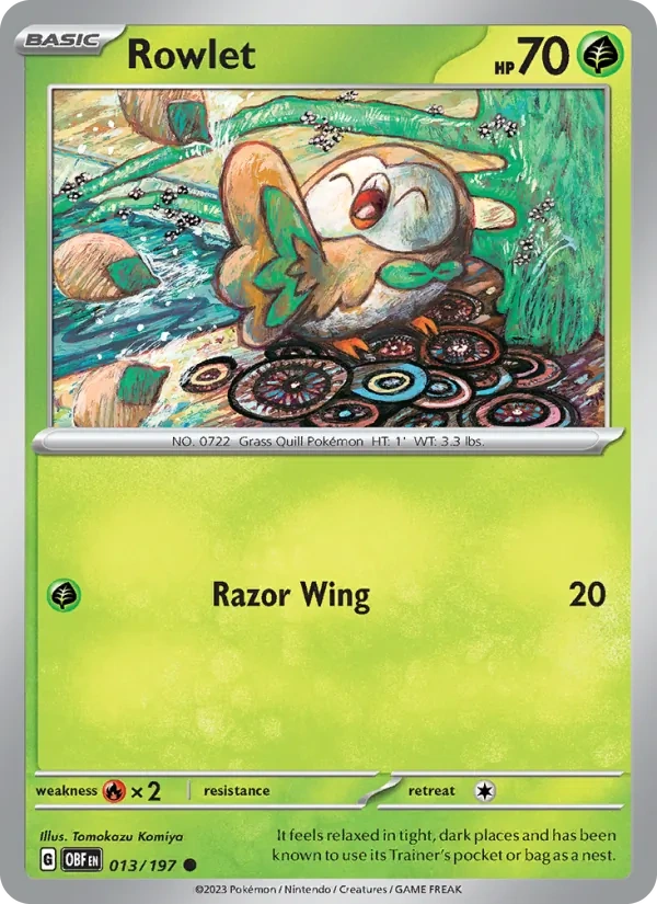 Rowlet 013/197, Obsidian Flames English Cosmos Holofoil, card art reference