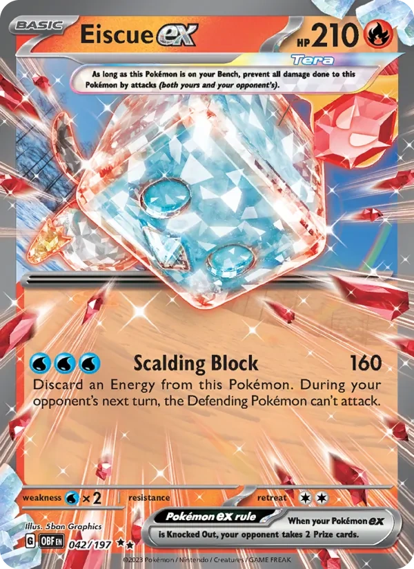 Eiscue ex 042/197, Obsidian Flames English Cosmos Holofoil snowflake stamp, card art reference