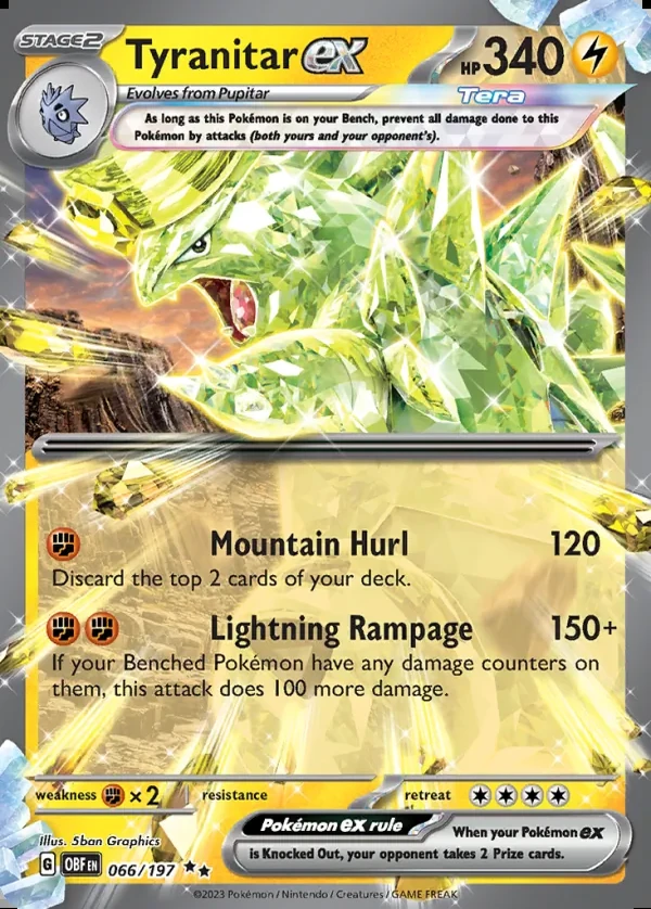 Tyranitar 066/197, Obsidian Flames English Print with "Play! Pokémon" stamp, card art reference