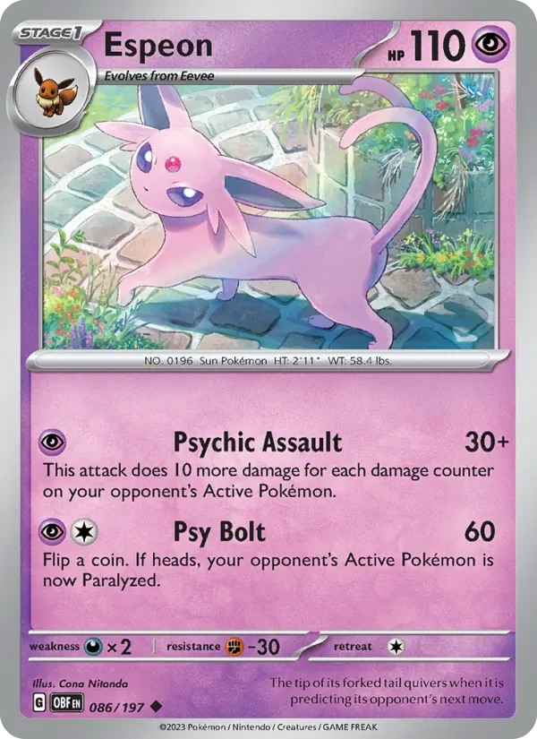 Espeon 086/197, Obsidian Flames English Reverse Holofoil "Obsidian Flames" stamp, card art reference