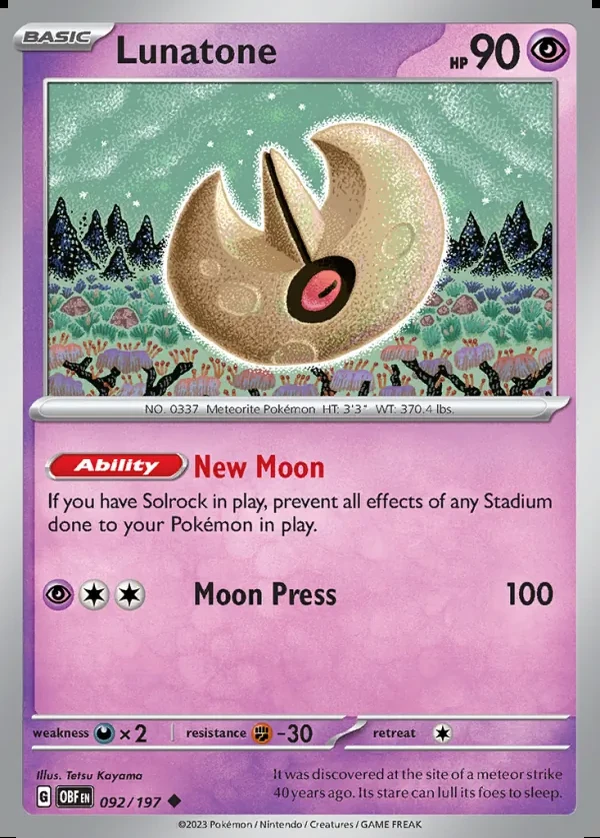 Lunatone 092/197, Obsidian Flames English Print with "Play! Pokémon" stamp, card art reference
