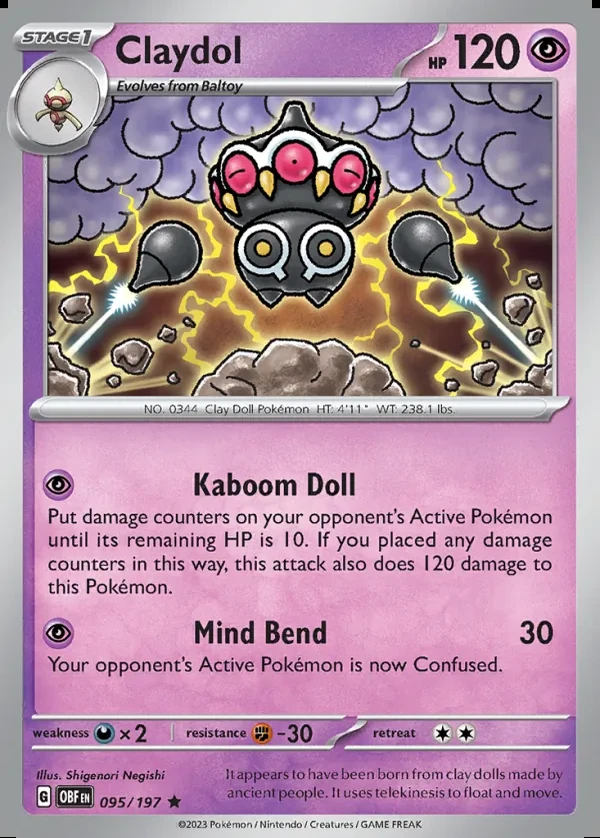 Claydol 095/197, Obsidian Flames English Print with "Play! Pokémon" stamp, card art reference