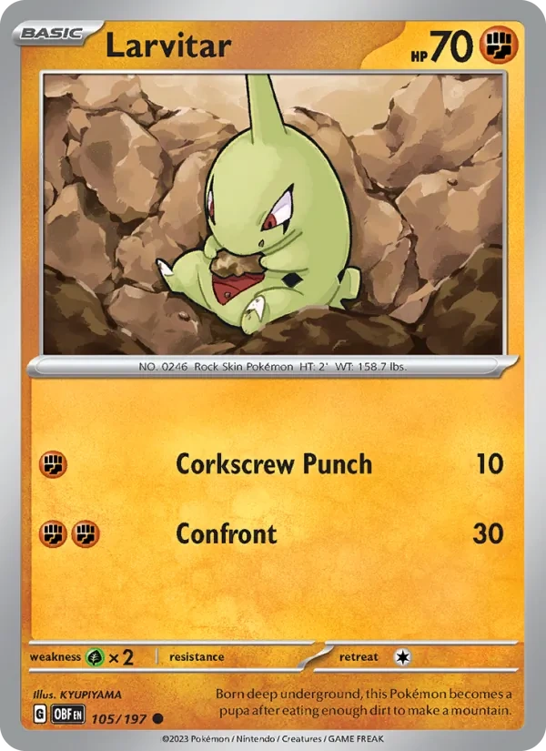 Larvitar 105/197, Obsidian Flames English Cosmos Holofoil, card art reference