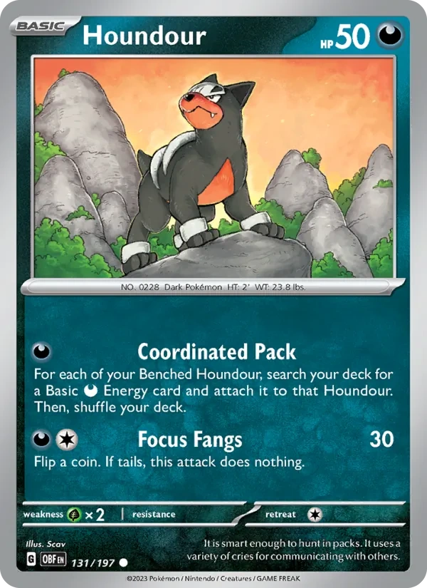 Houndour 131/197, Obsidian Flames English Pikachu jack-o'-lantern stamp print, card art reference
