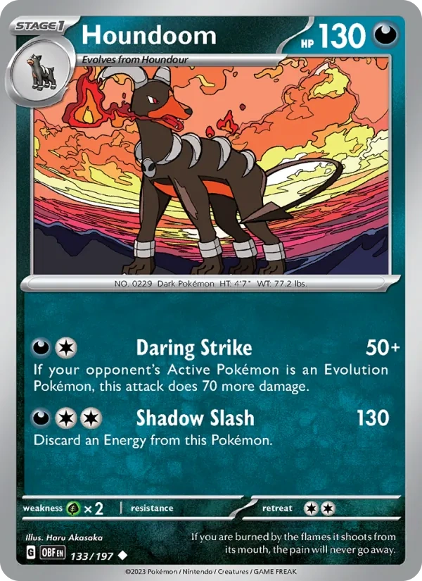 Houndoom 133/197, Obsidian Flames English Pikachu jack-o'-lantern stamp print, card art reference