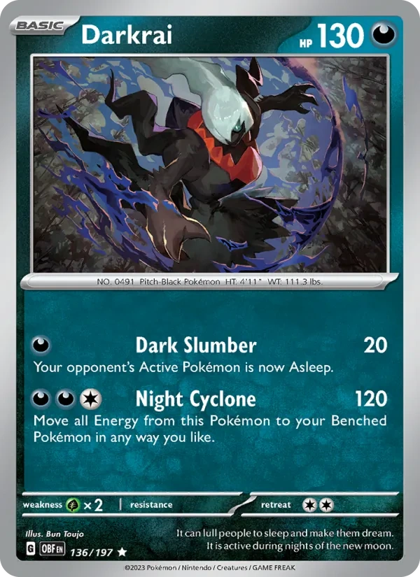 Darkrai 136/197, Obsidian Flames English Cosmos Holofoil Pikachu jack-o'-lantern stamp, card art reference