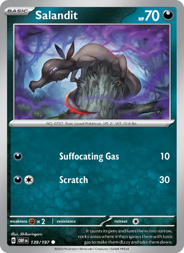 Salandit 139/197, Obsidian Flames English Darkrai Deck stamp print, card art reference