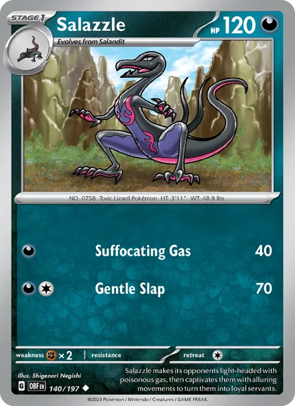 Salazzle 140/197, Obsidian Flames English Darkrai Deck stamp print, card art reference
