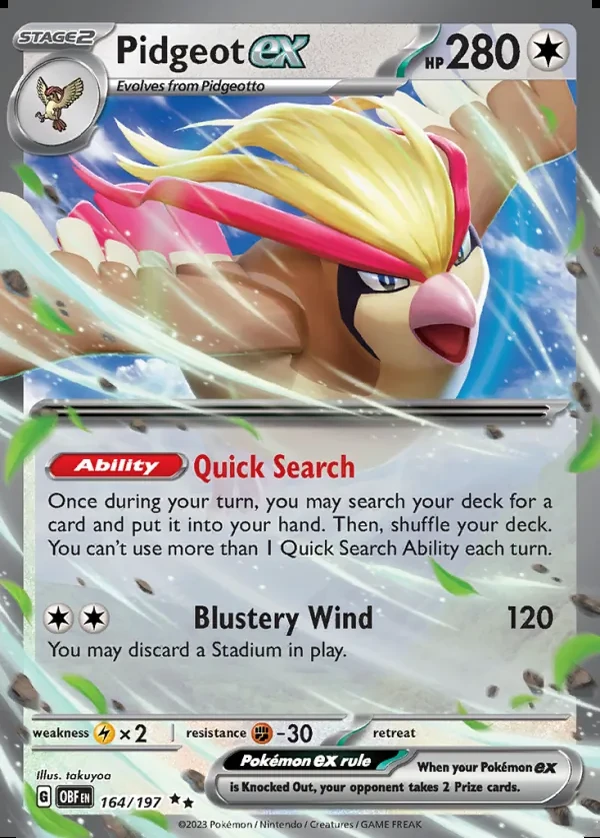 Pidgeot 164/197, Obsidian Flames English Print with "Play! Pokémon" stamp, card art reference
