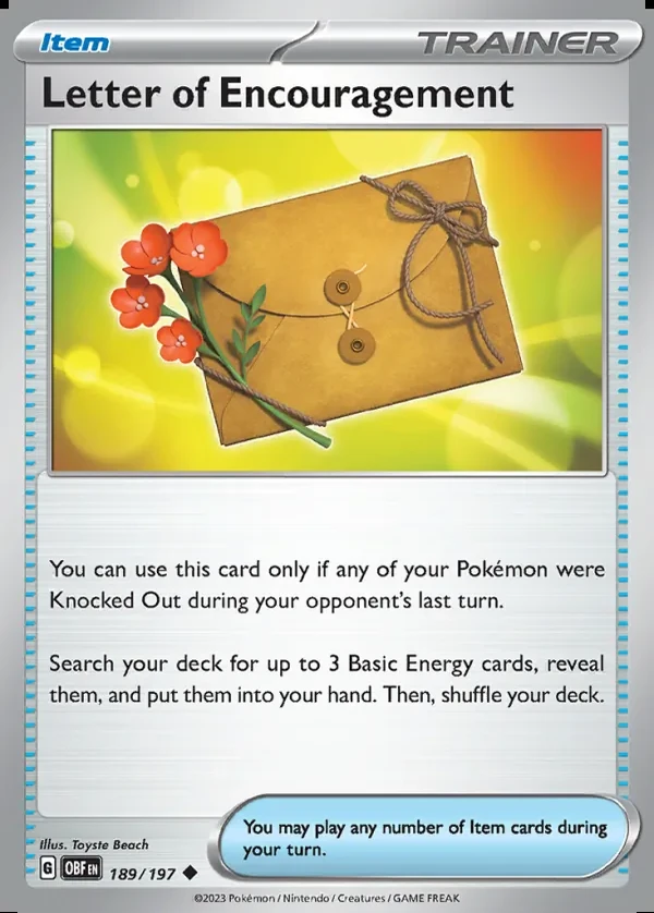 Letter of Encouragement 189/197, Obsidian Flames English Print with "Play! Pokémon" stamp, card art reference