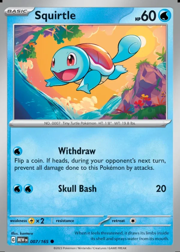 Squirtle 007/165, 151 English Reverse Holofoil print with "Pokémon Center" stamp, card art reference