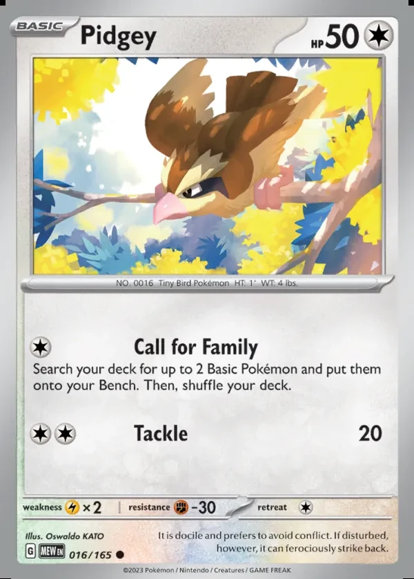 Pidgey 016/165, 151 English Reverse Holofoil print, Play! Pokémon League, card art reference