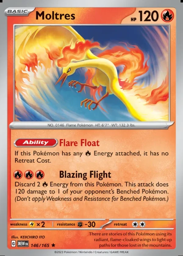 Moltres 146/165, 151 English Non Holofoil print, card art reference
