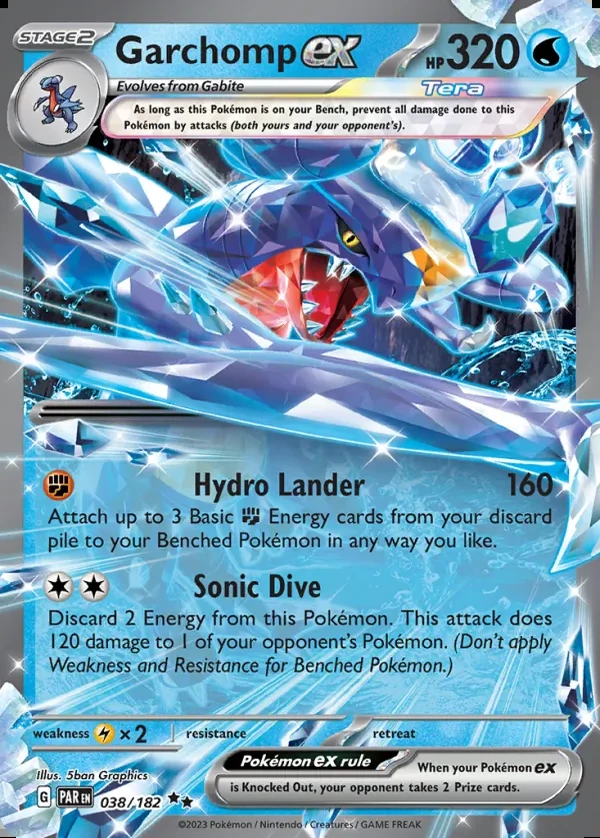 Garchomp 038/182, Paradox Rift English Print with "Play! Pokémon" stamp, card art reference