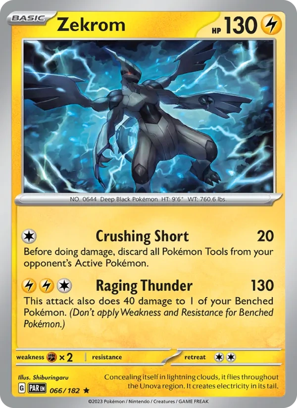 Zekrom 066/182, Paradox Rift English Cosmos Holofoil, card art reference