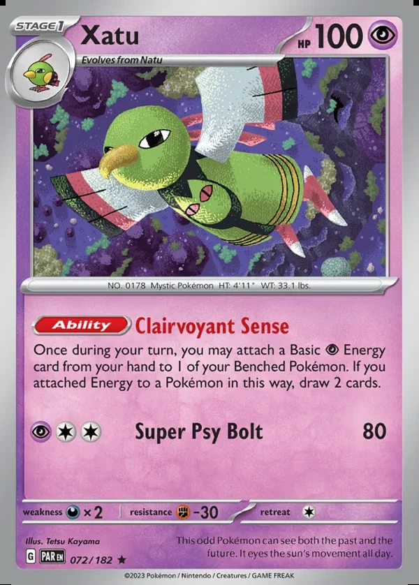 Xatu 072/182, Paradox Rift English Print with "Play! Pokémon" stamp, card art reference