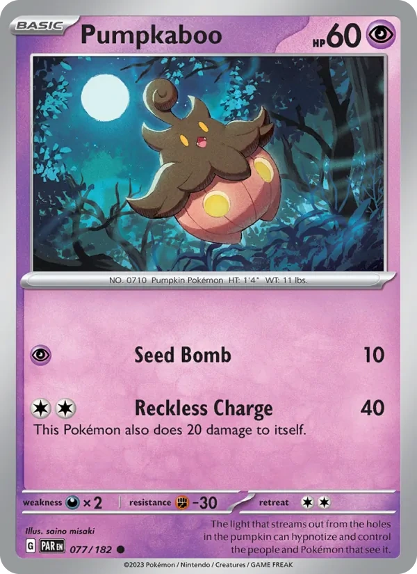 Pumpkaboo 077/182, Paradox Rift English Pikachu jack-o'-lantern stamp print, card art reference