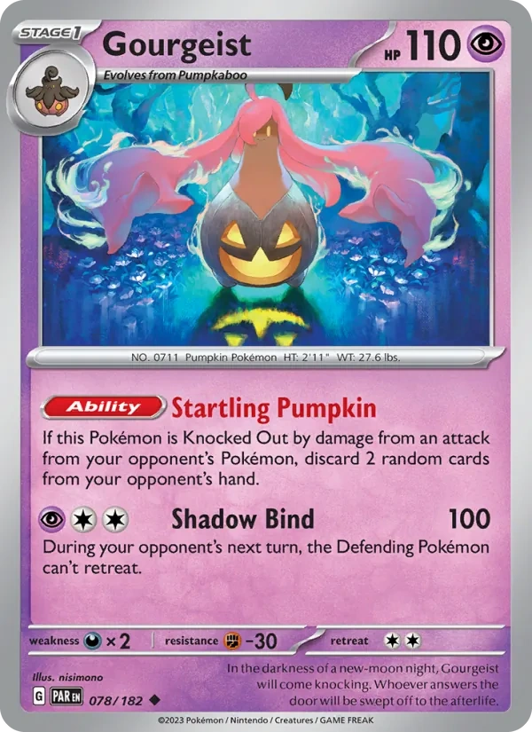 Gourgeist 078/182, Paradox Rift English Pikachu jack-o'-lantern stamp print, card art reference