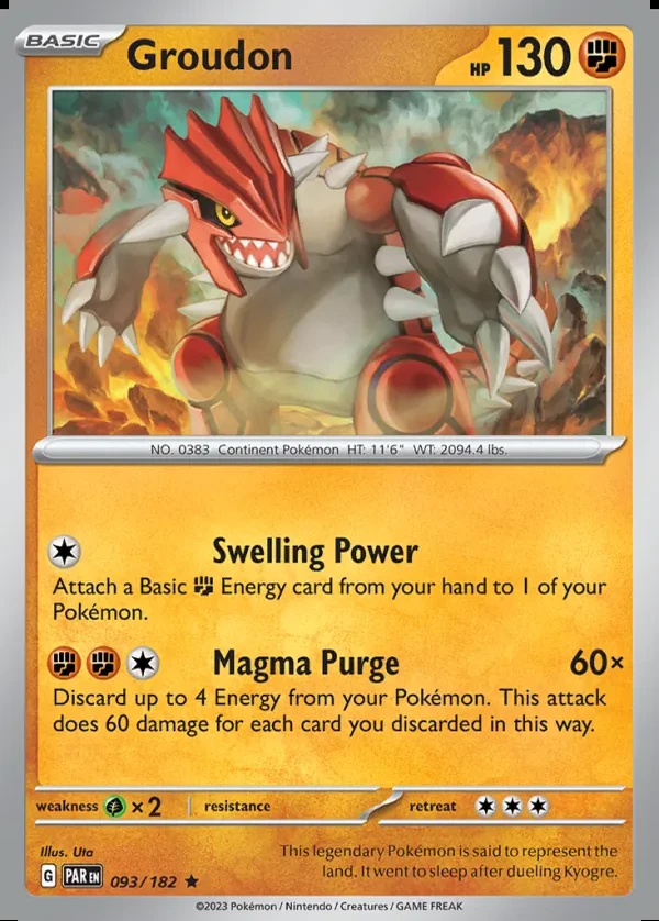Groudon 093/182, Paradox Rift English Print with "Play! Pokémon" stamp, card art reference