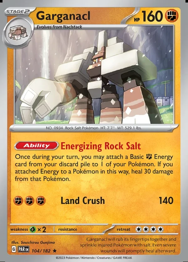 Garganacl 104/182, Paradox Rift English Print with "Play! Pokémon" stamp, card art reference