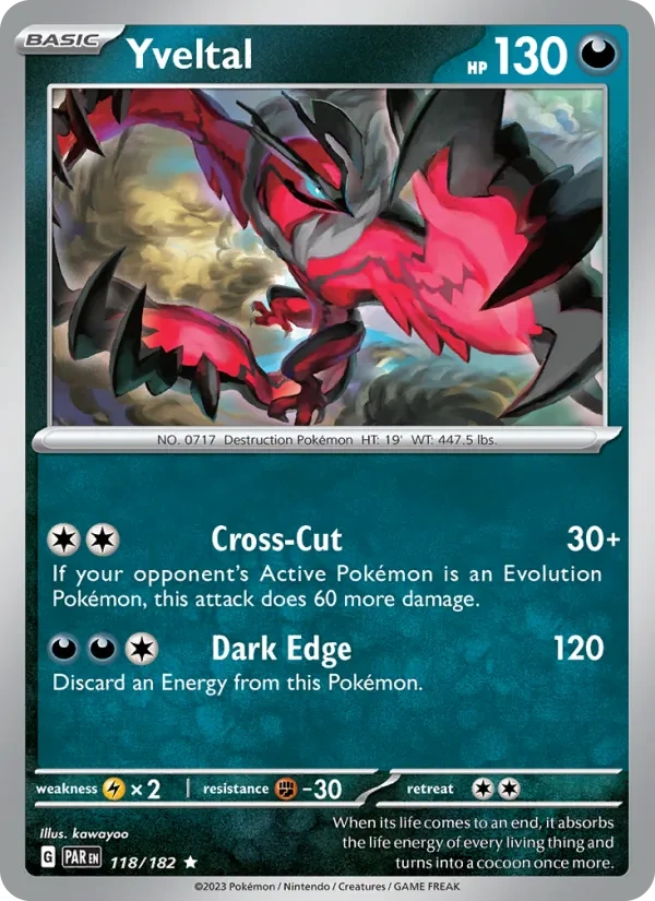 Yveltal 118/182, Paradox Rift English Darkrai Deck stamp print, card art reference