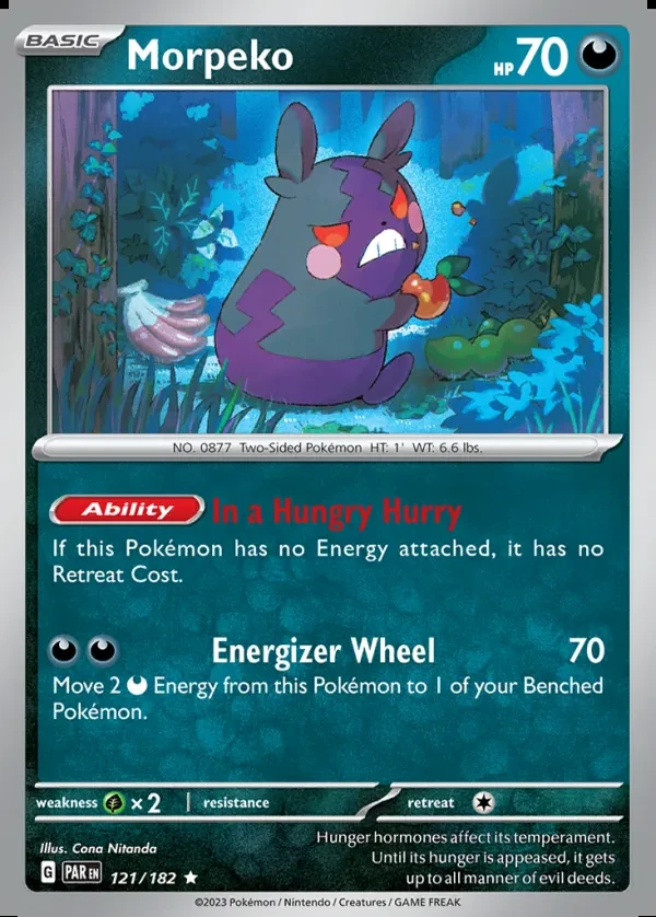 Morpeko 121/182, Paradox Rift English Print with "Play! Pokémon" stamp, card art reference