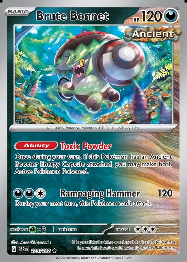 Brute Bonnet 123/182, Paradox Rift English Print with "Play! Pokémon" stamp, card art reference