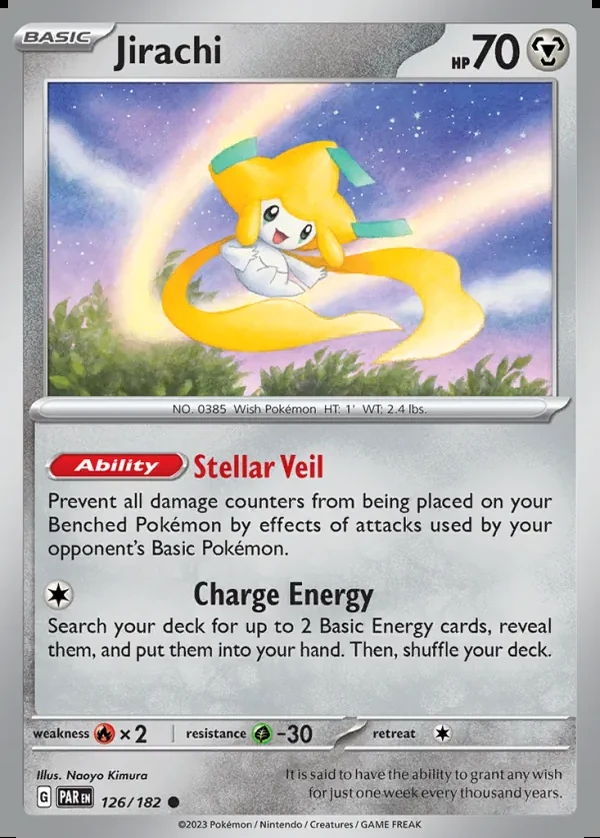 Jirachi 126/182, Paradox Rift English Print with "Play! Pokémon" stamp, card art reference