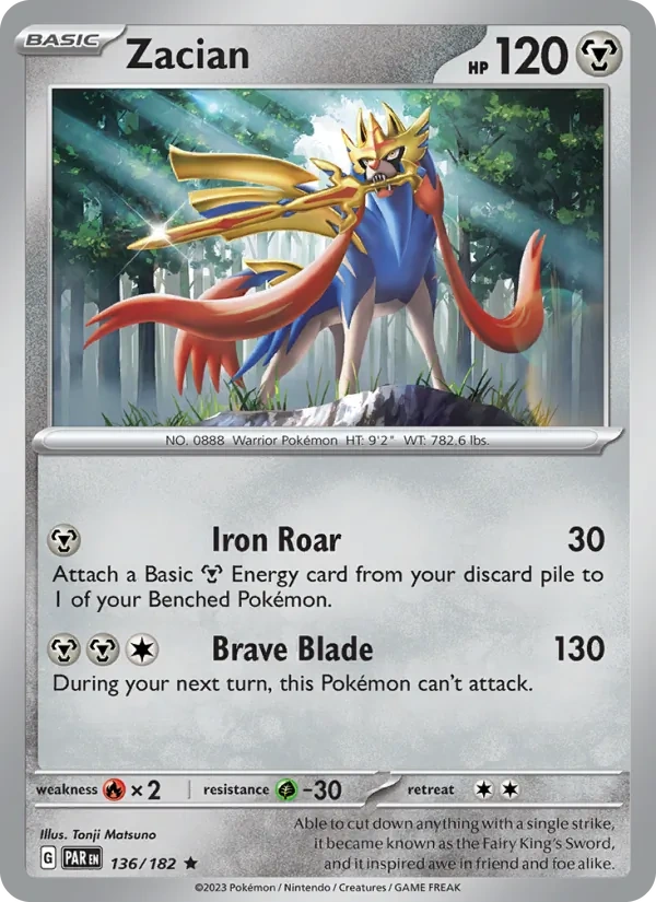 Zacian 136/182, Paradox Rift English Non Holo, card art reference