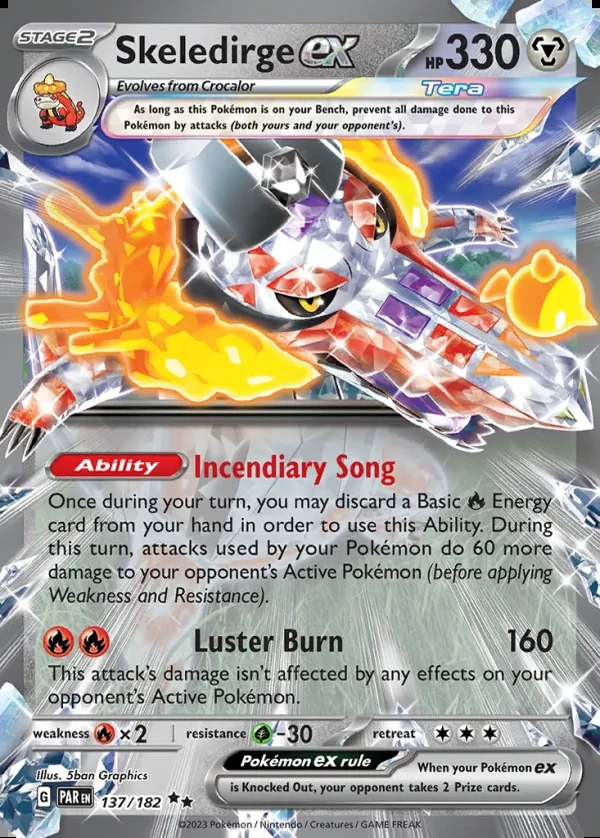Skeledirge 137/182, Paradox Rift English Print with "Play! Pokémon" stamp, card art reference