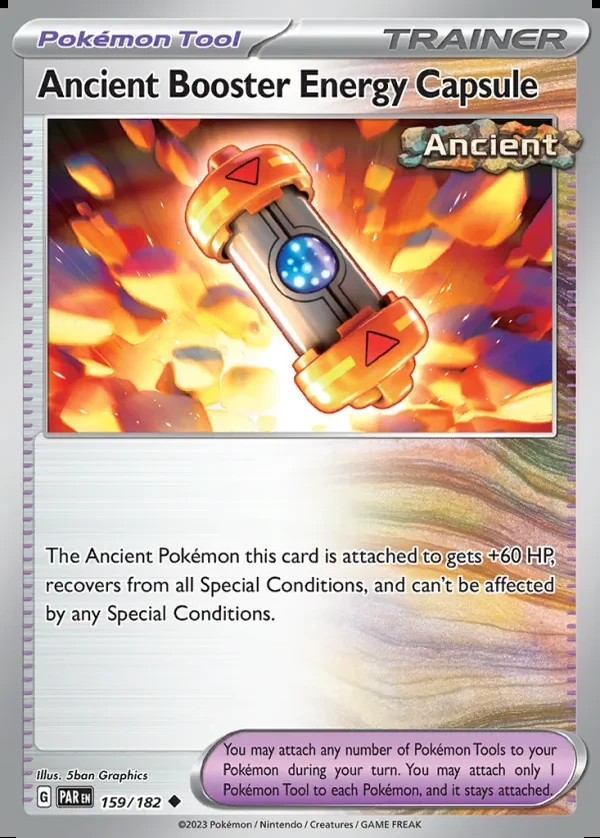 Ancient Booster Energy Capsule 159/182, Paradox Rift English Print with "Play! Pokémon" stamp, card art reference