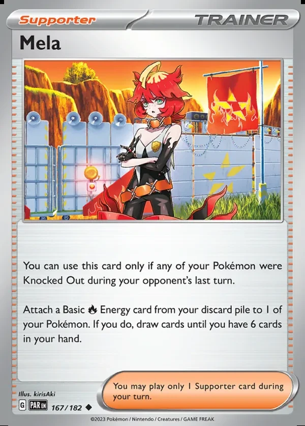 Mela 167/182, Paradox Rift English Print with "Play! Pokémon" stamp, card art reference