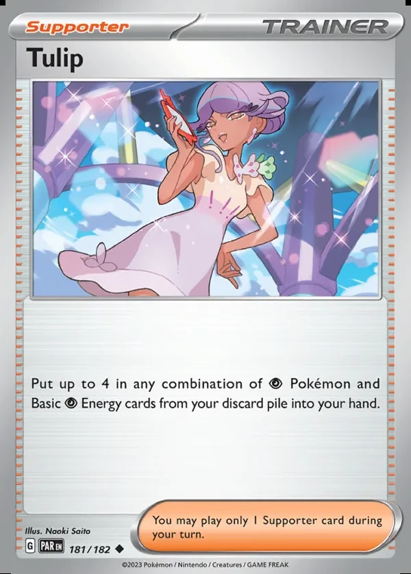 Tulip 181/182, Paradox Rift English Print with "Play! Pokémon" stamp, card art reference