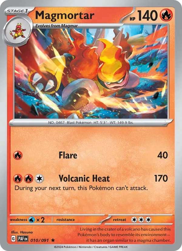 Magmortar 010/091, Paldean Fates English Non Holo, card art reference