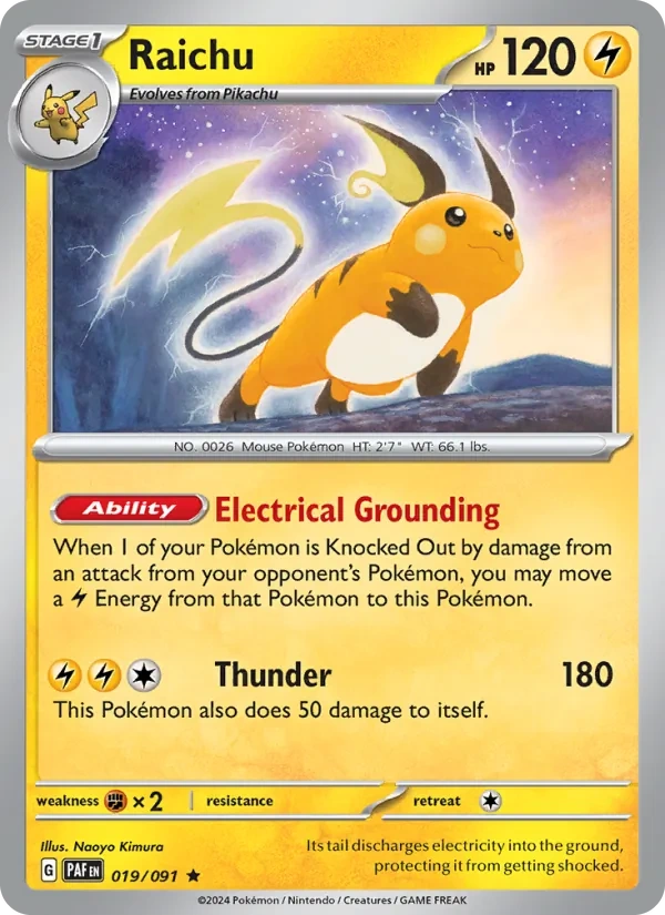 Raichu 019/091, Paldean Fates English Non Holo, card art reference