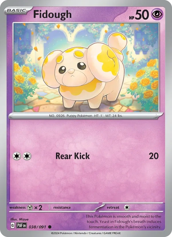 Fidough 038/091, Paldean Fates English Reverse Cosmos Holofoil, card art reference