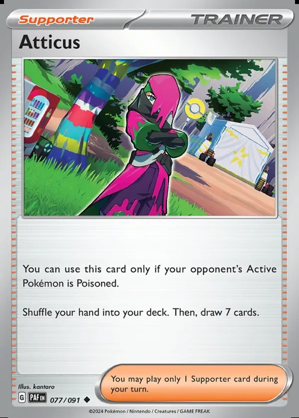 Atticus 077/091, Paldean Fates English Print with "Play! Pokémon" stamp, card art reference