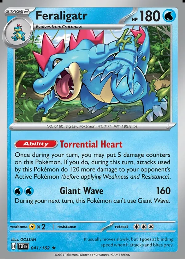 Feraligatr 041/162, Temporal Forces English Print with "Play! Pokémon" stamp, card art reference