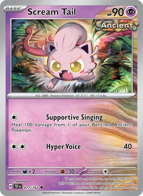 Scream Tail 077/162, Temporal Forces English Cosmos Holofoil, Pikachu jack-o-lantern stamp, card art reference
