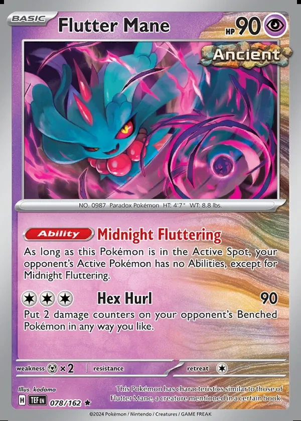 Flutter Mane 078/162, Temporal Forces English Print with "Play! Pokémon" stamp, card art reference