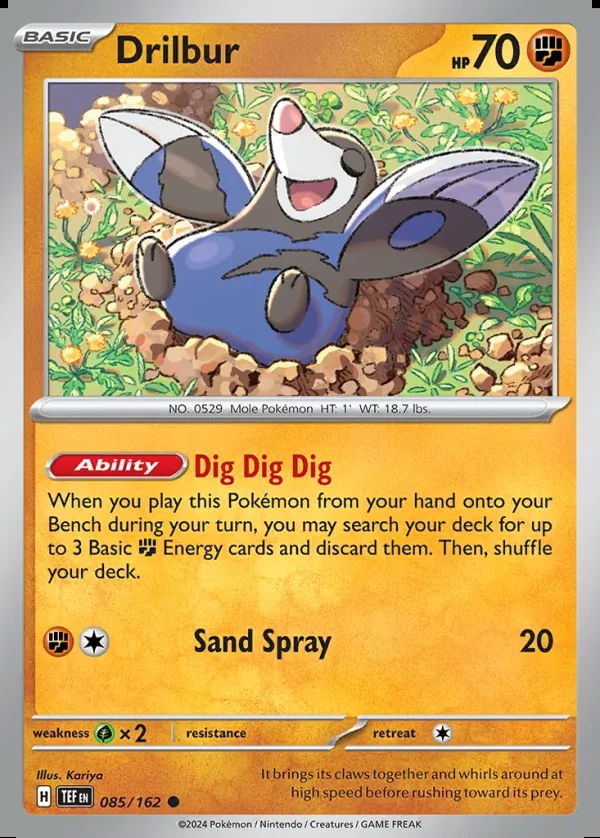 Drilbur 085/162, Temporal Forces English Print with "Play! Pokémon" stamp, card art reference
