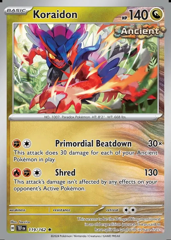 Koraidon 119/162, Temporal Forces English Print with "Play! Pokémon" stamp, card art reference
