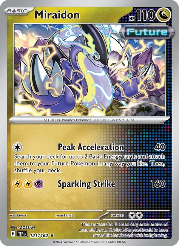 Miraidon 121/162, Temporal Forces English Cosmos Holofoil "Temporal Forces" stamp, card art reference