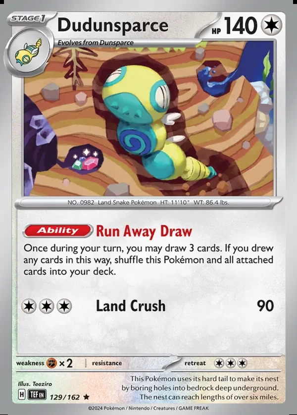 Dudunsparce 129/162, Temporal Forces English Print with "Play! Pokémon" stamp, card art reference